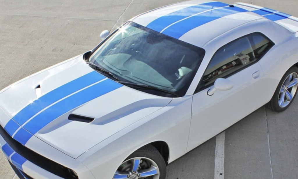 White Sports Car with Blue Racing Stripes (Le Mans Stripes) – Premium Vinyl Wrap Installation and Paint Protection Film (PPF) Service for Shelby Mustang and Dodge Viper.