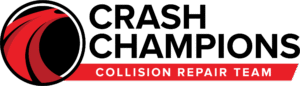 Crash Champions logo showing partnership for premium PPF, vinyl wrap, and pinstriping installation at collision repair body shops.