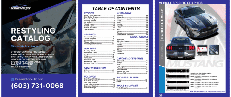 Three-page preview of the automotive restyling and graphics catalog featuring paint protection film, vinyl wraps, custom graphics, and car accessories for dealerships and body shops.